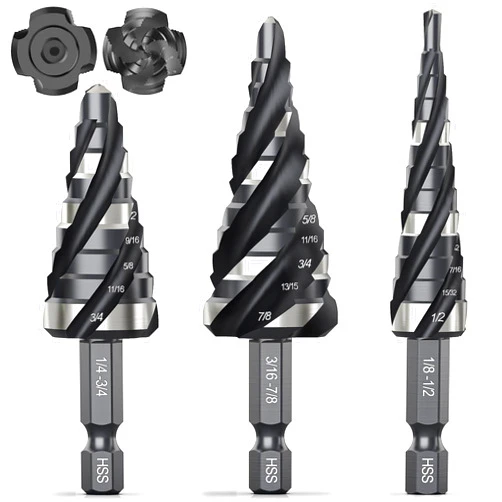 THINKWORK Four Spiral Flute Step Drill Bit Set, 3 Pcs HSS Step Drill Bits (1/8