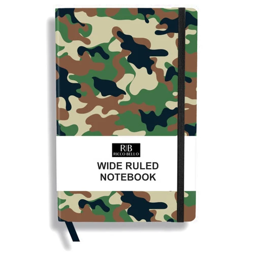 R|B RICCO BELLO RICCO BELLO Wide Ruled Hardcover Diary Journal School or Travel Notebook for Boys & Girls, Kids, Tweens - Bookmark, Band Closure, Storage Pocket, 5.7 x 8.4 Inches, 192 Pages, (Green Camouflage)