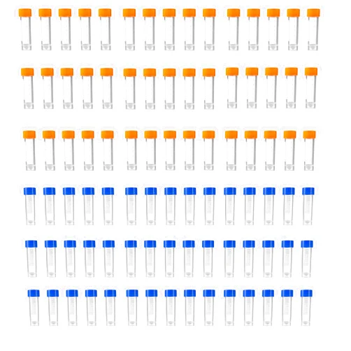 DIELLY 100 PCS 5ml Cryo Tubes，Plastic Graduated Vial Tube with Screw Caps,Small Test Sample Bottles Tubes Container with Lid，PP Material ，with Silica Gel Gasket (99) Bagged Blue and Orange