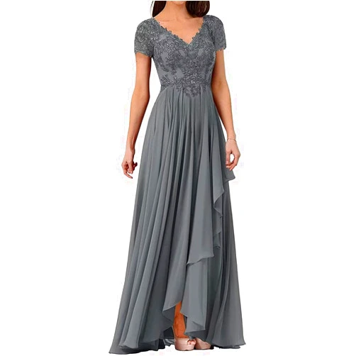 FNKSCRAFT V Neck Mother of The Bride Dresses for Wedding Lace Appliques Prom Dress Women's Cap Sleeves Formal Evening Party Dress