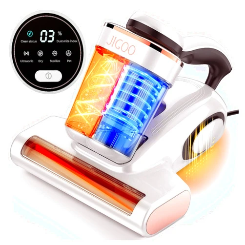 JIGOO Bed Vacuum Cleaner with Dust Sensor, Mattress Vacuum Cleaner with UV & Ultrasonic and High Heating, 13Kpa Suction 500W Powerful Double-Cup Handheld Vacuum(J300, Corded)