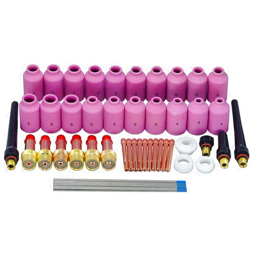 RIVERWELD TIG Gas Lens Collet Bodies 45V 10N Large Diameter Alumina Nozzle Ceramic Cups 54N Series 2% Lanthanated Tungsten Electrode WL20 Sky Blue Tips for SR WP 17 18 26 TIG Welding Torch 51pcs