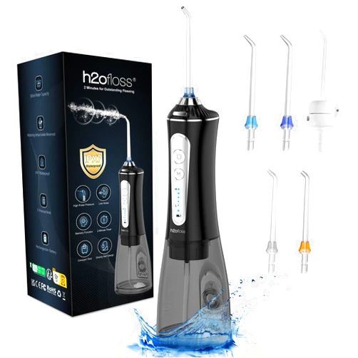 H2ofloss Water Dental Flosser for Teeth Cleaning,Cordless Water Teeth Cleaner Picks,Portable & Rechargeable Oral Irrigator with 5 Modes,IPX7 Waterproof Powerful Battery for Home Travel-Black