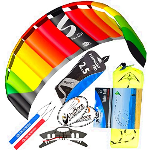 HQ Power Kites, Prism, WindBone HQ Symphony Pro 2.5 Kite with Stunt Display Tail Bundle (3 Items) + Prism 75ft Tube Tail + WindBone Kiteboarding Lifestyle Stickers (Rainbow)