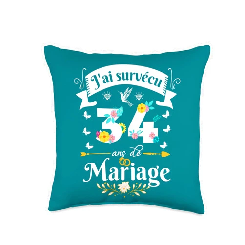 Idée Cadeau Anniversaire De Mariage Pour Couple J'Ai Survécu 34 Ans de Mariage Cadeau Anniversaire Femme Throw Pillow, 16x16, Multicolor