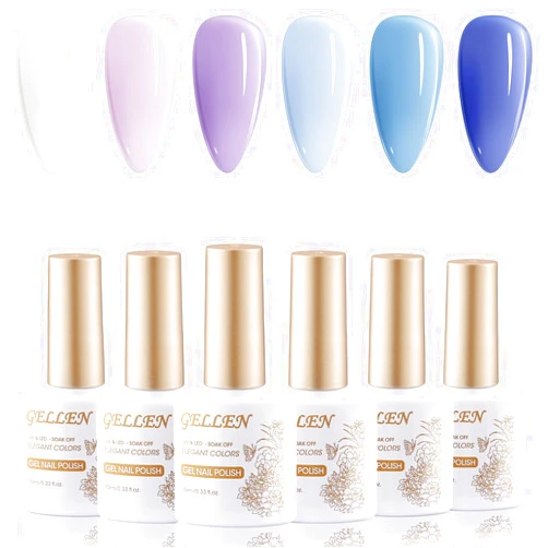 Gellen Gel Nail Polish Set - 6 Colors Jelly Gel Polish Set Milky White Sheer Blue Purple Gel Polish Nail Kit for Summer Nail Art Gifts for Women