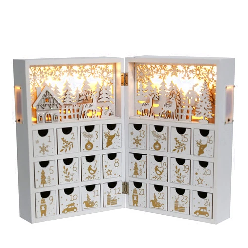 PIONEER-EFFORT Christmas Wooden Advent Calendar Book with LEDs White & Gold Christmas Reindeer Countdown Holiday Gifts with 24 Drawers Adults Kids Home Decoration (White&Gold,with light)