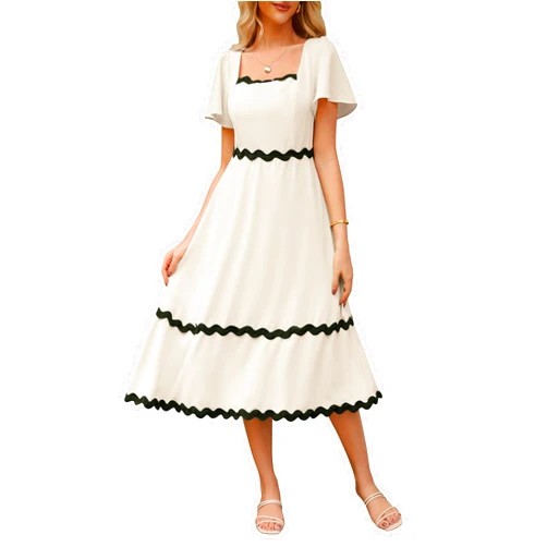 GRACE KARIN Casual Dress for Women Summer 2024 Short Sleeve Dress RIC RAC Tie Back Backless A Line Beach Vacation Midi Dress