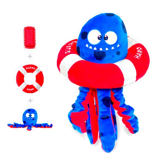 BULLTUG Octopus Dog Toy Set | 3-in-1 Interactive Fun: Squeaky Plush Octopus with Crinkly Bungee Arms, Durable Life Ring, Hidden Spiky Squeaker | Easy to Clean, Dog Sizes