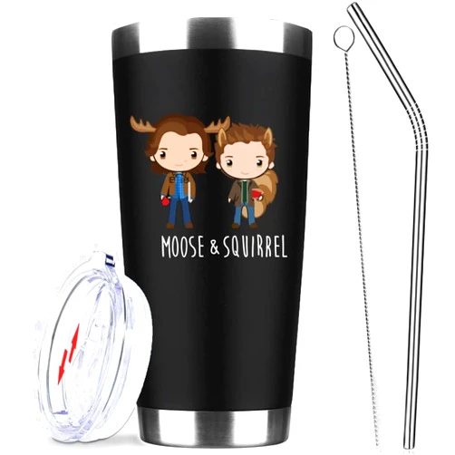 ATHAND Supernatural Merchandise Gifts Sam & Dean Moose & Squirrel Insulated Tumbler Cups Coffee Wine Mug With Lid Straw 20 OZ - Gifts Ideas for TV Show Fan,Friends, Family and Your Soul Mates (Black)