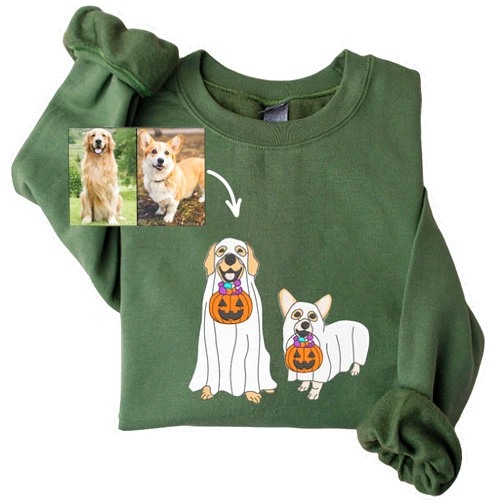 NAZENTI Custom Dog Embroidered Sweatshirt, Ghost Dog Embroidered Sweatshirt, Halloween Sweatshirt, Gifts For Dog Lovers