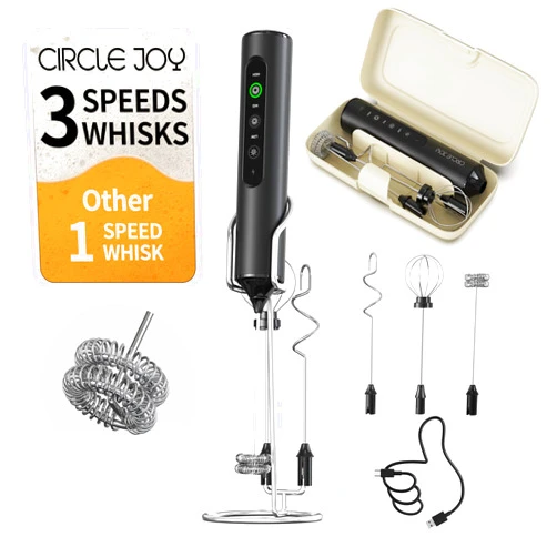CIRCLE JOY Rechargeable Handheld Milk Frother Wand with Stand, 3 Variable Speeds, 3 Whisks and Storage Box, Electric Drink Mixer for Latte, Cappuccino, Hot Chocolate, Eggs and Protein Powder, Black