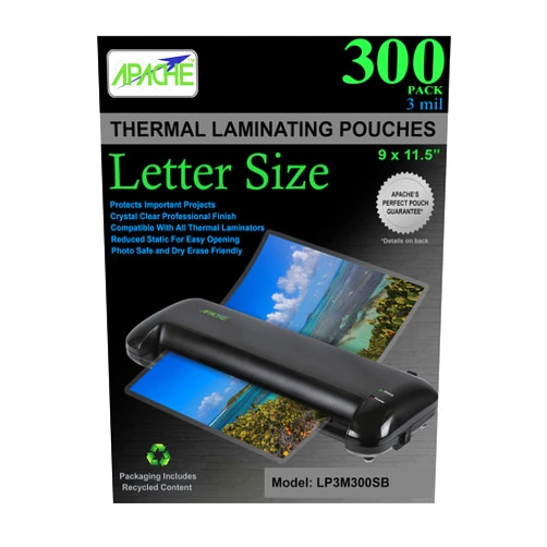 Apache Laminating Pouches 3 mil, for 8.5 x 11 inch Letter Size Paper 9 x 11.5 inch Sheets, 300 Pack