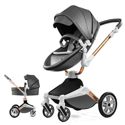 Hot Mom Upgrade Deluxe 2 in 1 Baby Stroller with 360° Rotation Function, PU Leather Impeccable Combination of Comfort & Aesthetics for Your Baby (Dark Grey)