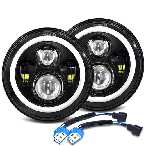 MGLLIGHT 7 Inch LED Headlights Round Halo Angel Eyes DRL Amber Turn Signal Lights H6024 LED Headlights Replace High/Low Sealed Beam Fits Wrangler JK TJ LJ CJ with H4 H13 Adapter, 2PCS