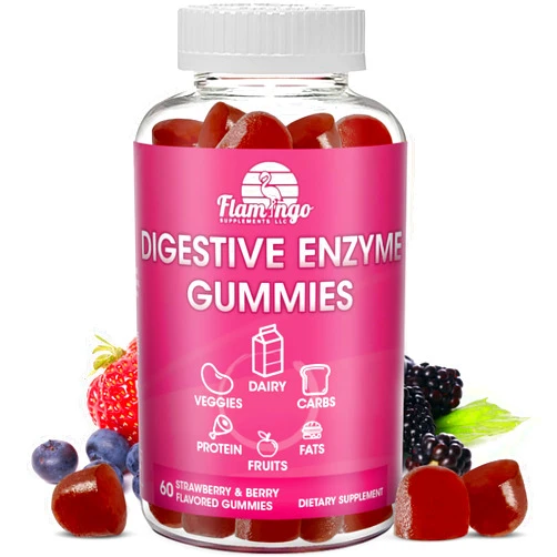 Flamingo Supplements Digestive Enzymes Chewable Gummies: Helps Food Intolerance, Debloat, and to Digest Dairy, Carbs, Veggies, Protein, Fruit -Amylase Protease Lipase Lactase- Naturally Flavored Vegan Gummies. 60 Count