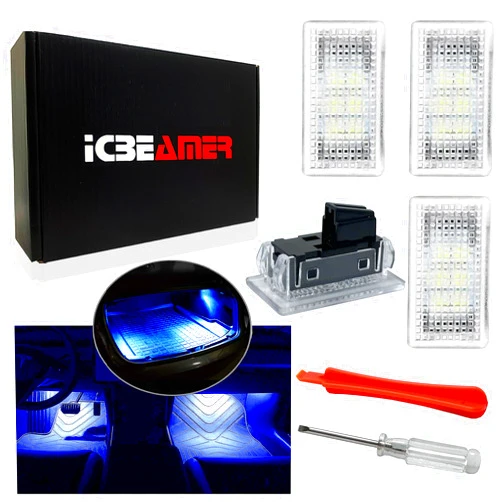 ICBEAMER Tesla Interior LED Lights Kit: Ultra-bright, easy plug-in, with a panel removal tool. Fits Model 3, S, Y, X. Trunk, Frunk, Door Puddle, Foot-Well, Tesla Accessories(4 Packs in Blue).