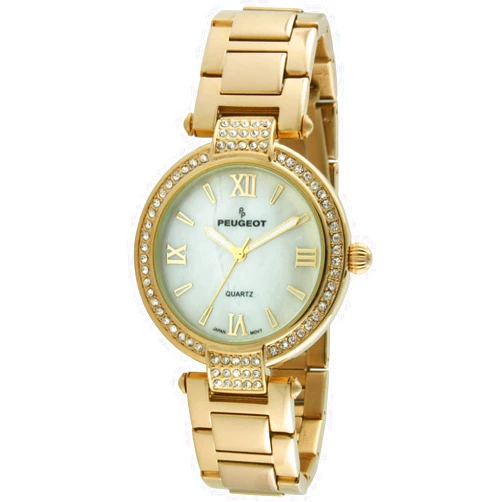 Peugeot PP Women Dress Watch with Crystal Bezel, Mother of Peal Dial with Roman Numeral & T-Bar Metal Link Adjustable Bracelet