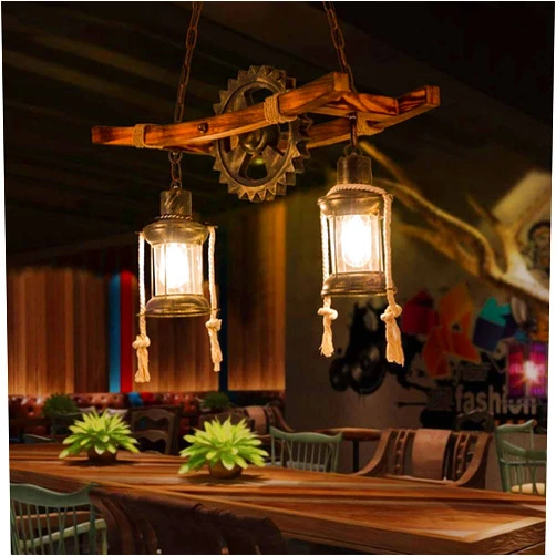 Eoyemin Wood Retro Pendant Lighting Industrial Vintage Chandelier Black Metal Bedroom Restaurant Suspension Lamp Cage Frame with Glass Shade House Loft Bar Coffee Decoration Ceiling Lights Fitting, E2
