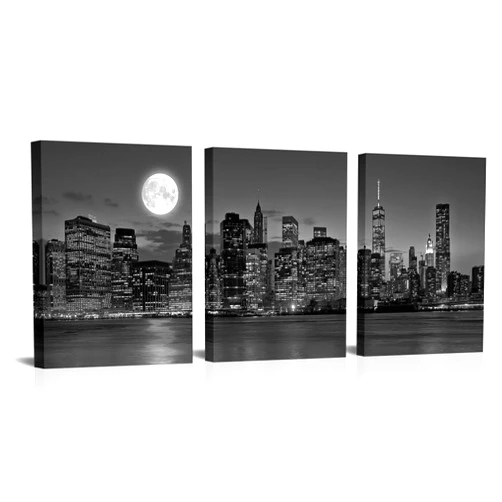 HOMEOART New York City Night Skyline Wall Art Full Moon Landscape Black and White Picture Canvas Prints Manhattan City Poster Framed Artwork Living Room Bedroom Decor 12