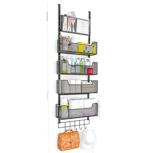 Hongtamoya Adjustable Over The Door Organizer, Hanging Door Storage with 4 Metal Baskets and PVC Pocket Wall Mount, Strong Load-Bearing Behind Door Organizer for Bathroom Bedroom Closet Pantry Cabinet, Black