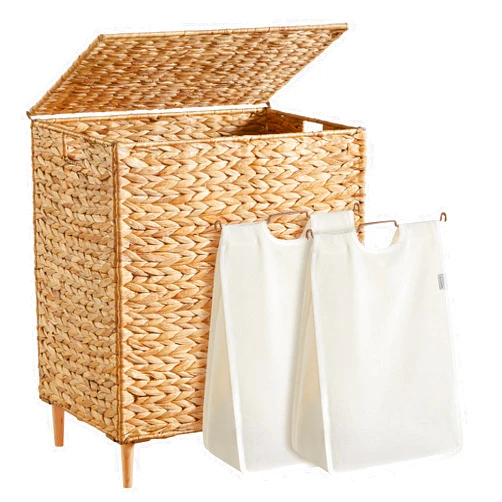 SONGMICS Laundry Hamper 2 Sections, 34.3 Gal. (130 L) Handwoven Water Hyacinth Wicker Laundry Basket with Lid, Natural Material, Removable Machine Washable Liners, Handles, Natural ULCB202Y01