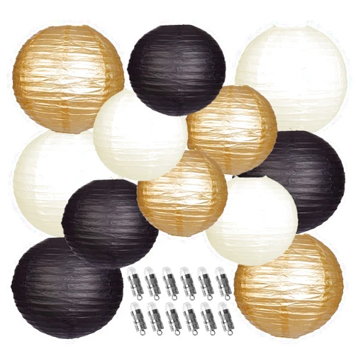 YUNXUAN Paper Lanterns Decorative, Black Gold Hanging Paper Lanterns with Lights for Graduation Anniversary Birthday Party 12 LED Light Round Chinese Lanterns 12