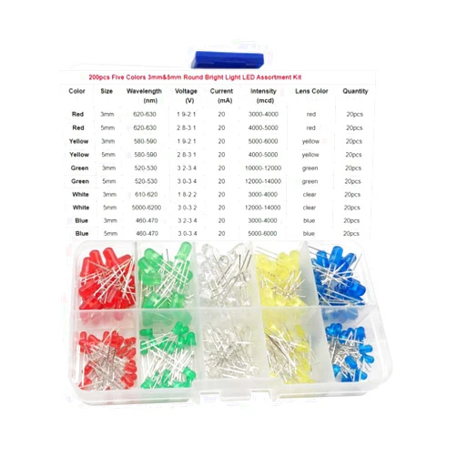 Chiloskit 200pcs 3mm and 5mm 5 Color LED Lights Emitting Diodes Assortment Set Kit for DIY, Arduino Project White Red Blue Green Yellow