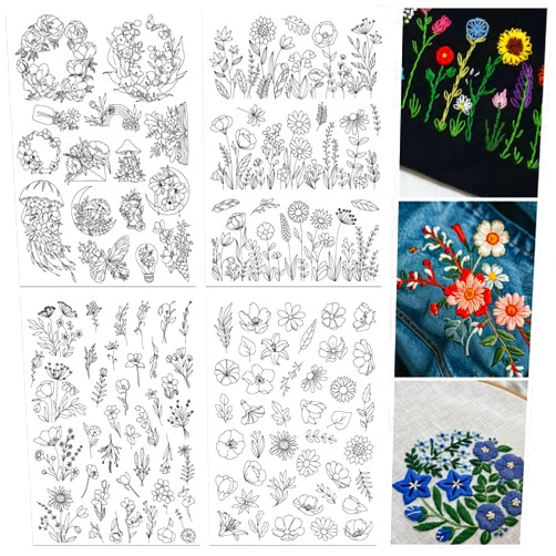 ORIGACH 4 Sheets 105 Pcs Water Soluble Embroidery Patterns Stabilizers - Pre-Printed Floral, Flowering Shrubs & Leaves Designs - Stick & Stitch Embroidery Paper for Hand Sewing Lovers