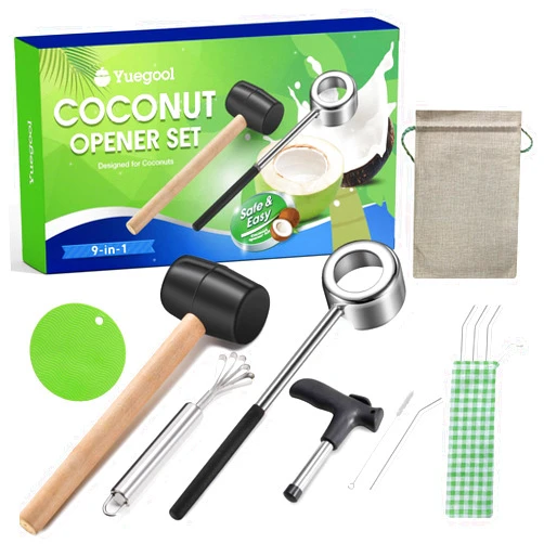 Yuegool Coconut Opener Tool Set for Young & Mature Coconuts,9 IN 1 Coconut Opener Kit Include Rubber Mallet,Hole Puncher,Meat Remover,Straws Set,Silicone Mat All Fit in 1 bag