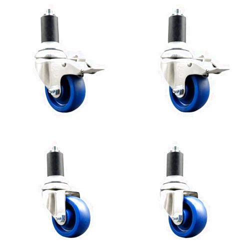 Service Caster Solid Poly Swivel Stem Caster Set of 4 with 3 Inch Blue Caster Wheels - 1-5/8