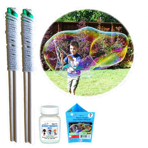 Bubbleventi Giant Bubble Kit | Made in USA | Includes 2 Wooden Wands, a Tips and Tricks Booklet, and 1 Bubble Mix - Makes 4 Gallons of Big Bubble Solution |Use at Birthdays and Family Fun