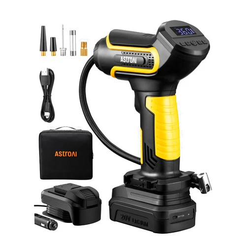 AstroAI Tire Inflator Air Compressor Cordless Car Tire Pump with 20V Rechargeable Li-ion Battery 150 PSI Portable Handheld Air Pump with 12 V Car Power Adapter for Cars Motorcycles LS40791（C1） Yellow