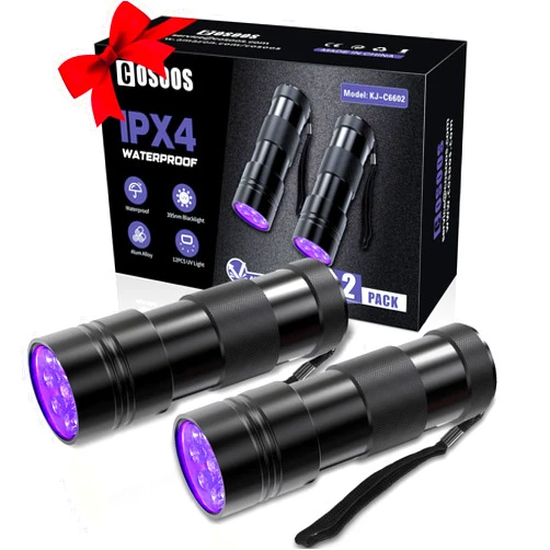 COSOOS 2 Pack UV Flashlight, 12 LED Handheld Blacklight Flashlight 395nm Mini Light Torch Detector for Dog Pet Urine Stains, Bed Bugs and Scorpions. (Batteries not Included)