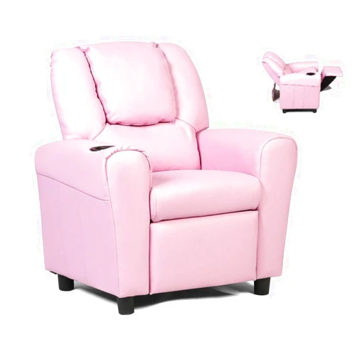 Costzon Kids Recliner Chair with Cup Holder, Toddler Room Furniture Children Armrest Sofa w/Headrest & Footrest for Girls Boys Baby Bedroom, PU Leather Couch (Pink)