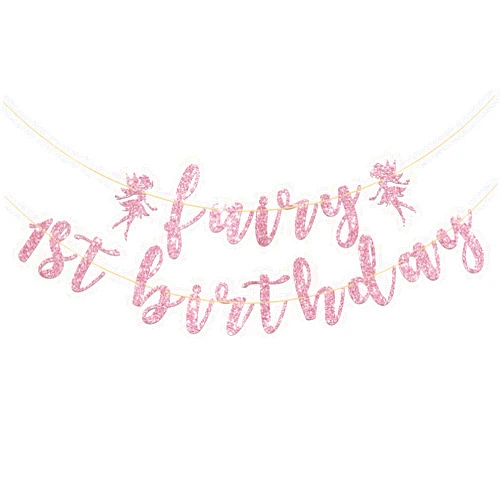Kaakswa Fairy 1st Birthday Banner, Cute Fairies 1st Birthday Party Decorations, Flower Fairy Girls First Birthday Party Supplies,Pink Glitter