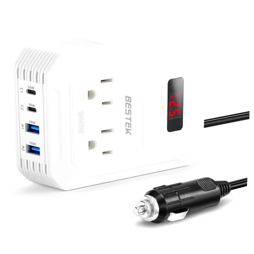 BESTEK 200W Car Power Inverter - DC 12V to 110V AC Converter with 2 USB-C(30W) and 2 USB-QC(18W) - Fast Car Charger Adapter with LCD Screen, Dual AC Adapter for Laptops
