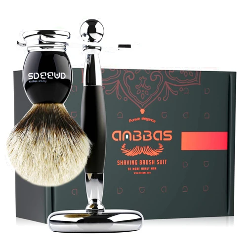 Anbbas Shaving Brush and Stand,Silvertip Badger Hair Brush Black Resin Alloy Handle with Stainless Steel Shaving Stand for Double Edge Safety Razor Straight Razor for Men
