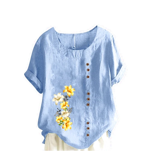 DOLKFU Shirts for Women Trendy Summer Cute Flower Graphic Print Tops Blouses Short Sleeve Casual Cotton Linen Shirt Blouse