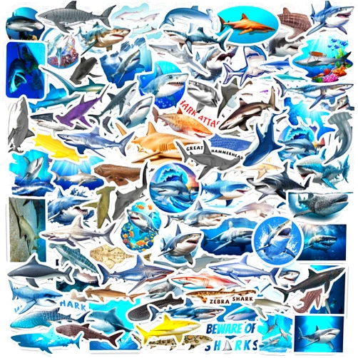 Lcnjscgo 100 PCS Realistic Shark Stickers, Ocean Themed Shark Party Favors and Birthday Decorations, Vinyl Shark Stickers for Water Bottles, Laptops, Luggage, Skateboards, and More