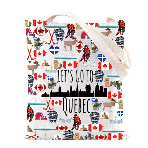 ZJXHPO Quebec Skyline Tote Bag Let’s Go To Quebec Reusable Grocery Tote Bag Quebec Canada Vacation Gift Quebec Souvenir