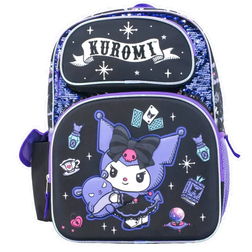 AI ACCESSORY INNOVATIONS Sanrio’s Hello Kitty Backpack for Girls, 16 Inch Kuromi, Kawaii School Bag with Flip Sequins & 3D Molded Front Pocket, Black