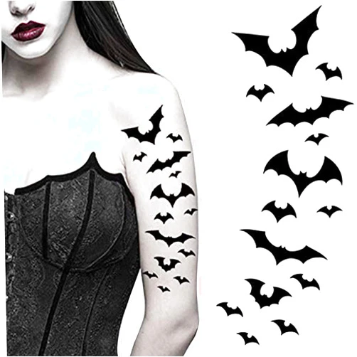 Tatodays Bat halloween temporary tattoos paper transfer sticker black flying vampire vampiress bats women men adults kids body art makeup cosplay festivals parties (Bats)