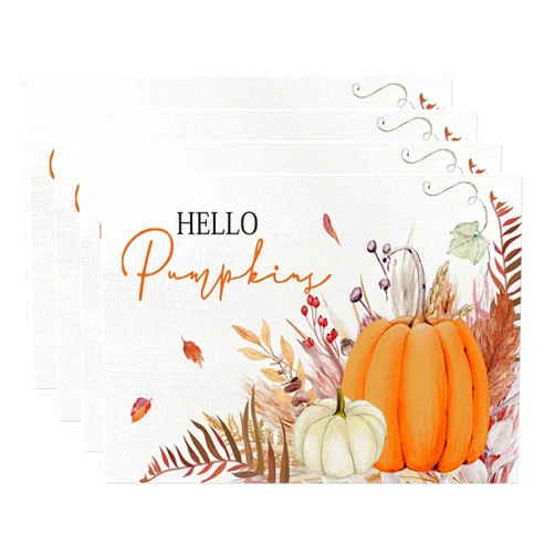 ONFAON Fall Decorations for Home,Fall Placemats Set of 4,Orange Hello Pumpkin Leaves Washable Table Dinner Mats for Autumn Farmhouse Home Kitchen Decor, 12 x 18 Inch CD01
