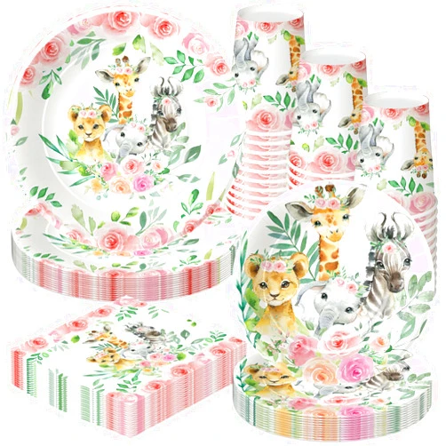 HIPVVILD Safari Jungle Theme Party Supplies for Girl - Animal Safari Birthday Baby Shower Decorations Tableware Include 9