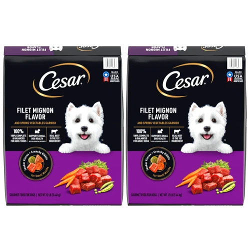 Cesar Small Breed Adult Dry Dog Food Filet Mignon Flavor with Spring Vegetables Garnish Dog Kibble, 12 lb. Bag (Pack of 2)