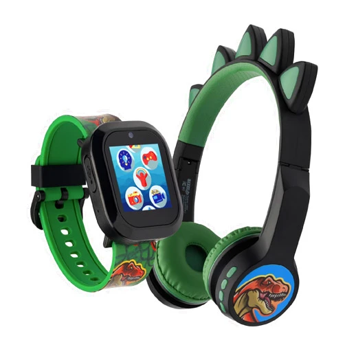 PlayZoom Kids Smartwatch with Bluetooth Headphone Set - Fun and Educational Smart Watch for Boys and Girls, Perfect Travel Toy and Learning Device, Boys Black Green Dinosaur