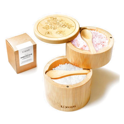 ILConcepts 2-Tier Bamboo Salt and Spice Cellar with Swivel Magnetic Lid & Built-In Spoons - Dual Compartment (8oz & 4oz) Wooden Container, Storage Box for Salt, Pepper, Sugar, Herbs, Seasonings