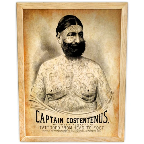Lone Star Art Tattoo Decor - The Tattooed Man - Captain Costentenus - 11x14 Framed Art Print - Perfect Tattoo Shop Decor, Tattoo Artist Gifts, Tattoo Sign and Decorations for Parlor