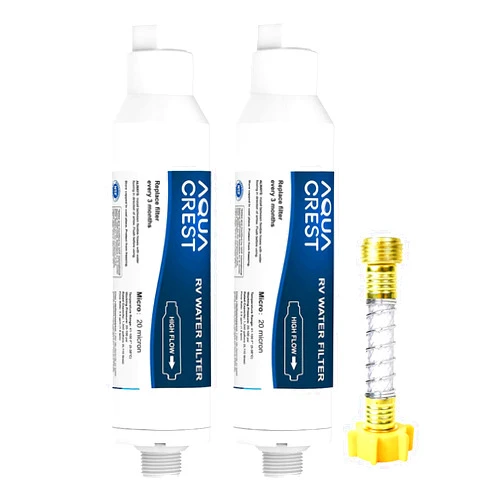 AQUA CREST RV Inline Hose Water Filter, Garden and Camper, NSF Certified, Greatly Reduces Chlorine, Bad Taste, Odor, 2 Pack with Hose Protector, New Label Design